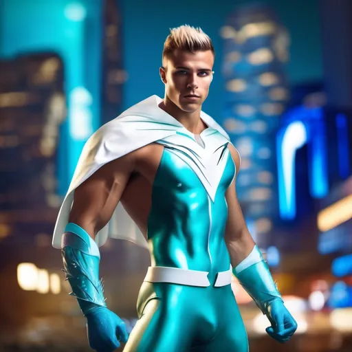 Prompt: muscular young man in superhero pose, (naturally tanned skin), striking blue eyes, brunette spiky hair with blonde highlights, wearing a contrasting white speedo and teal latex supersuit, small flowing white cape, white boots, (city skyline in the background), vibrant colors, dynamic lighting, (photorealistic), ultra-detailed, high resolution, cinematic atmosphere that conveys heroism and power.