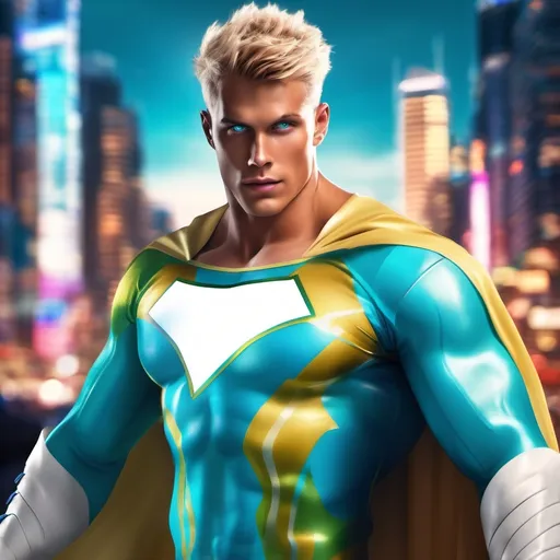 Prompt: muscular young man in superhero pose, (naturally tanned skin), striking blue eyes, brunette spiky hair with blonde highlights, wearing a contrasting white speedo and teal latex supersuit, small flowing white cape, white boots, (city skyline in the background), vibrant colors, dynamic lighting, (photorealistic), ultra-detailed, high resolution, cinematic atmosphere that conveys heroism and power. floating