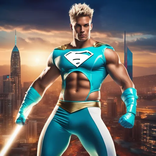 Prompt: muscular young man in superhero pose, (naturally tanned skin), striking blue eyes, brunette spiky hair with blonde highlights, wearing an 80s contrasting white speedo and teal latex bodysuit, small flowing white cape, white boots, (city skyline in the background), vibrant colors, dynamic lighting, (photorealistic), ultra-detailed, high resolution, cinematic atmosphere that conveys heroism and power. floating