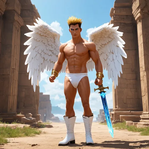 Prompt: muscular young man, naturally tanned, short brunette spiky hair with blonde highlights, blue eyes. White speedos, ancient temple background, photorealistic, gold bracelets, crystal sword, wings, white boots, angel