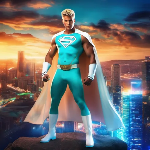 Prompt: muscular young man in superhero pose, (naturally tanned skin), striking blue eyes, brunette spiky hair with blonde highlights, wearing an 80s contrasting white speedo and teal latex bodysuit, small flowing white cape, white boots, (city skyline in the background), vibrant colors, dynamic lighting, (photorealistic), ultra-detailed, high resolution, cinematic atmosphere that conveys heroism and power. floating