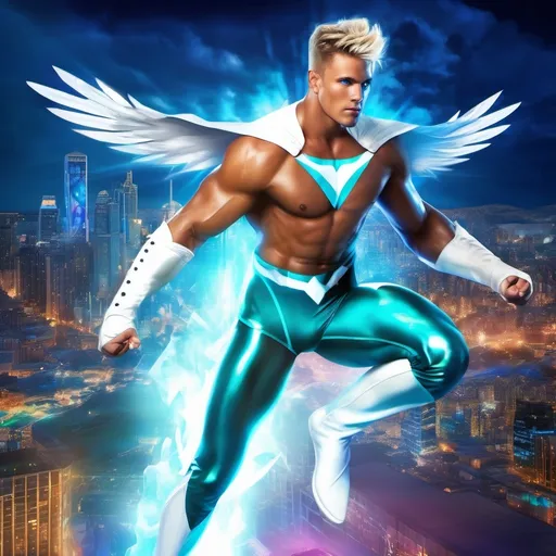 Prompt: muscular young man in superhero pose, (naturally tanned skin), striking blue eyes, brunette spiky hair with blonde highlights, wearing a contrasting white speedo and teal latex supersuit, small flowing white cape, white boots, (city skyline in the background), vibrant colors, dynamic lighting, (photorealistic), ultra-detailed, high resolution, cinematic atmosphere that conveys heroism and power. Flying