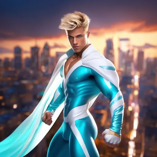 Prompt: muscular young man in superhero pose, (naturally tanned skin), striking blue eyes, brunette spiky hair with blonde highlights, wearing a contrasting white speedo and teal latex supersuit, small flowing white cape, white boots, (city skyline in the background), vibrant colors, dynamic lighting, (photorealistic), ultra-detailed, high resolution, cinematic atmosphere that conveys heroism and power. Floating,