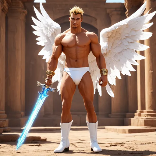 Prompt: muscular young man, naturally tanned, short brunette spiky hair with blonde highlights, blue eyes. White speedos, ancient temple background, photorealistic, gold bracelets, crystal sword, wings, white boots, angel