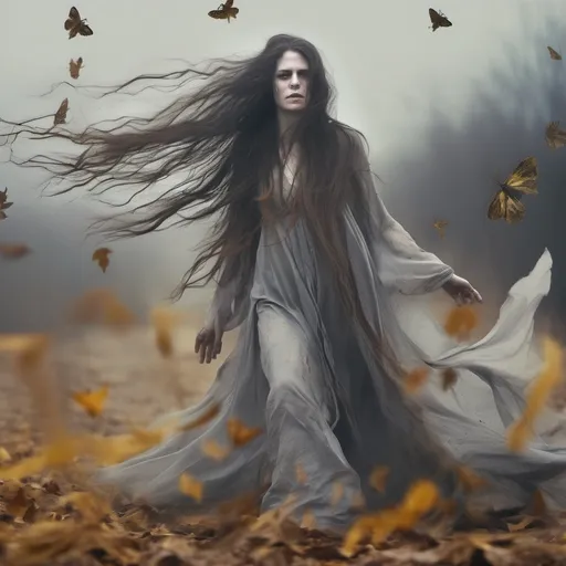 Prompt: Ghostly pale woman spirit, long frizzy grey brown hair, glowing yellow eyes, body evaporating into wind, flowing rags, body turning into dust, revenant witch, wasteland background, whirling dervishes, moths, fallen leaves