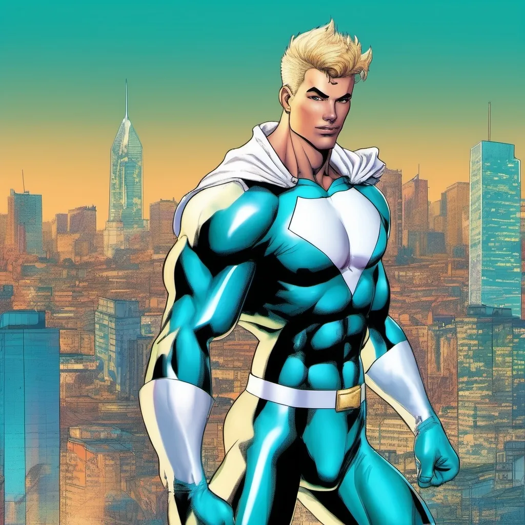 Prompt: muscular young man, naturally tanned, blue eyed, brunette spiky hair with blonde highlights. white speedo, superhero, teal latex bodysuit, small white cape, white boots, city skyline background, photorealistic, superhero pose, 90s comic book, full cover image, (pop art style)