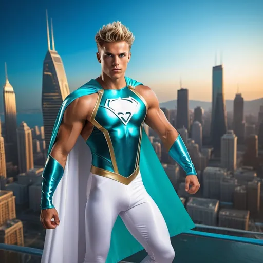 Prompt: muscular young man in superhero pose, (naturally tanned skin), striking blue eyes, brunette spiky hair with blonde highlights, wearing a contrasting white speedo and teal latex superhero suit, small flowing white cape, white boots, (city skyline in the background), vibrant colors, dynamic lighting, (photorealistic), ultra-detailed, high resolution, cinematic atmosphere that conveys heroism and power. floating