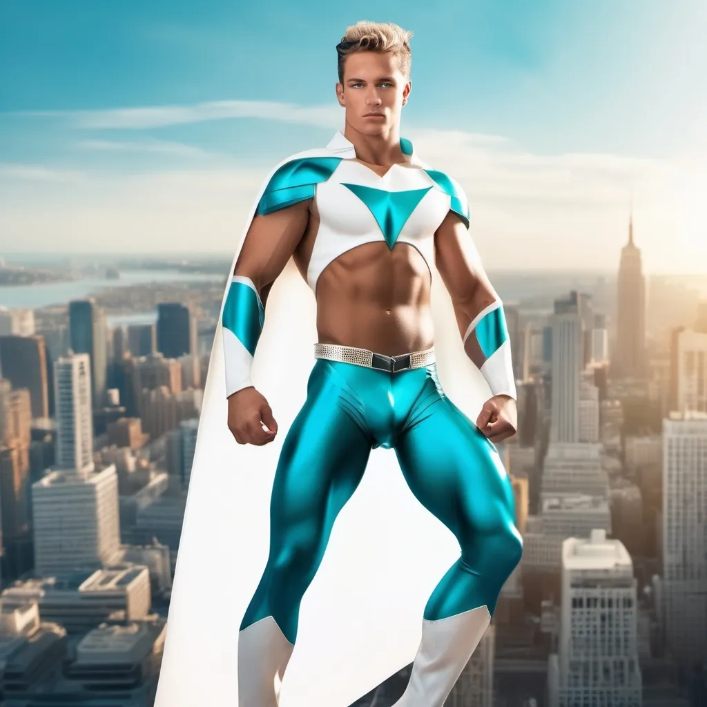 Prompt: muscular young man, naturally tanned, blue eyed, brunette spiky hair with blonde highlights. white speedo, superhero, teal latex bodysuit, small white cape, white boots, city skyline background, photorealistic, superhero pose, floating