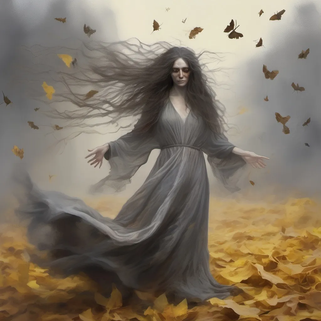 Prompt: Ghostly pale woman spirit, long frizzy grey brown hair, glowing yellow eyes, body evaporating into wind, flowing rags, body turning into dust, revenant witch, wasteland background, whirling dervishes, moths, fallen leaves