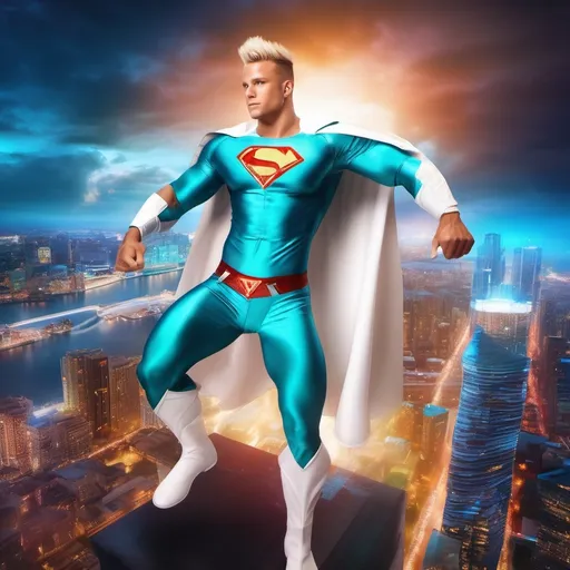 Prompt: muscular young man in superhero pose, (naturally tanned skin), striking blue eyes, brunette spiky hair with blonde highlights, wearing a contrasting white speedo and teal latex superhero suit, small flowing white cape, white boots, (city skyline in the background), vibrant colors, dynamic lighting, (photorealistic), ultra-detailed, high resolution, cinematic atmosphere that conveys heroism and power. floating