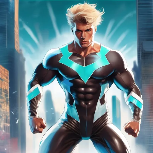 Prompt: muscular young man in superhero pose, (naturally tanned skin), striking blue eyes, brunette spiky hair with blonde highlights, wearing a contrasting white speedo and teal latex supersuit, small flowing white cape, white boots, (city skyline in the background), vibrant colors, dynamic lighting, (photorealistic), ultra-detailed, high resolution, cinematic atmosphere that conveys heroism and power. Floating, 80s comic book art style