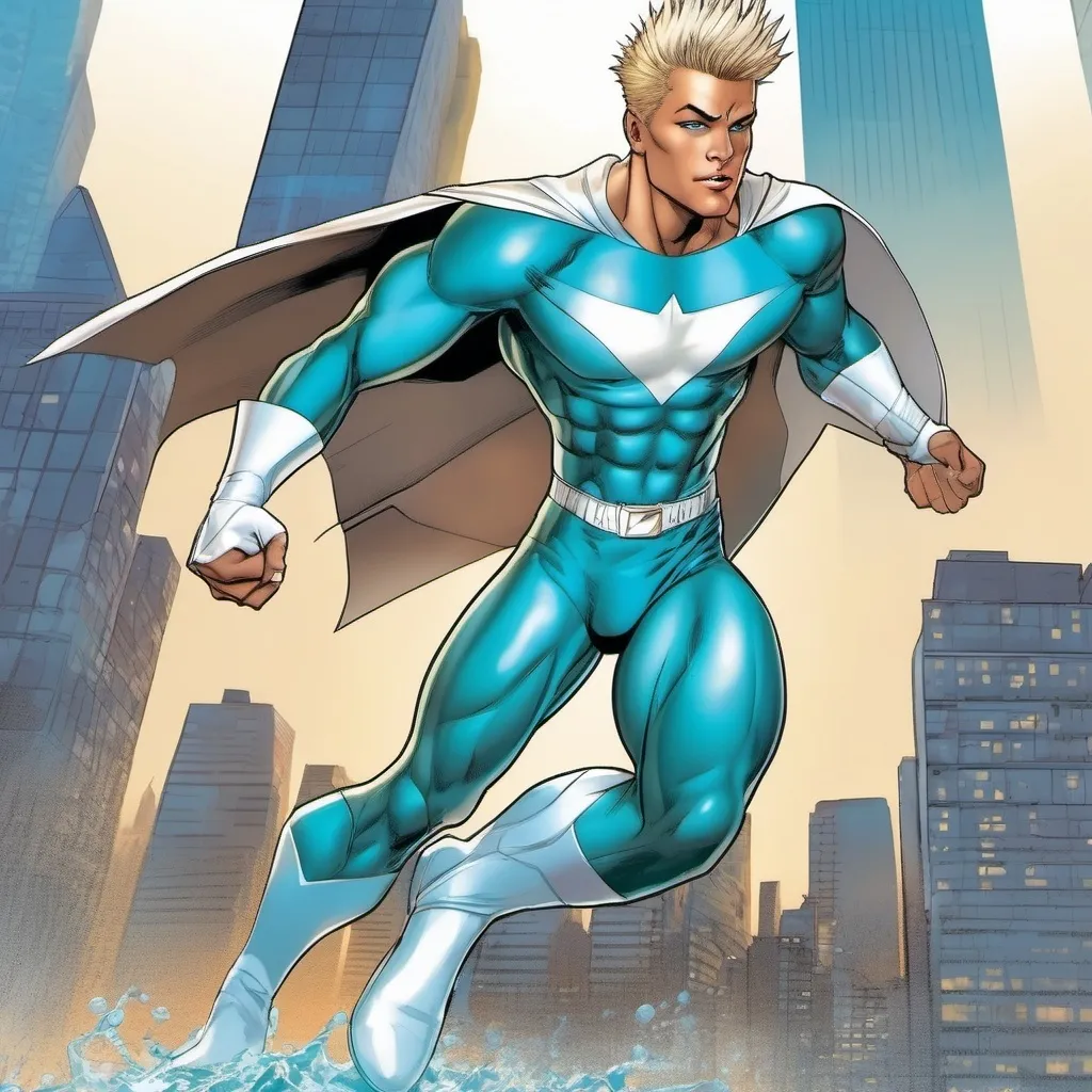 Prompt: muscular young man, naturally tanned, blue eyed, brunette spiky hair with blonde highlights. white speedo, superhero, teal latex bodysuit, small white cape, white boots, city skyline background, photorealistic, superhero pose, 2000s comic book, splash panel, full cover image, (pop art style)