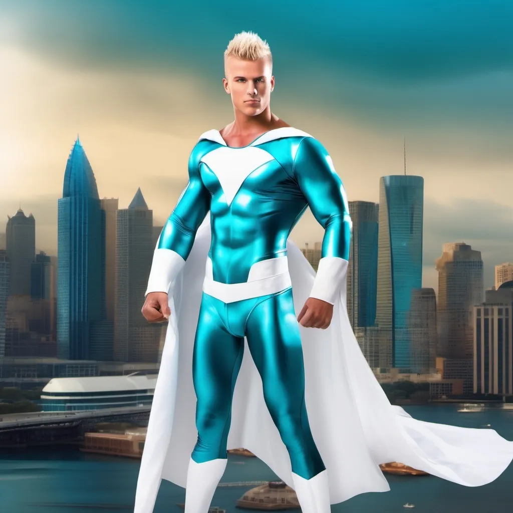 Prompt: muscular young man, naturally tanned, blue eyed, brunette spiky hair with blonde highlights. white speedo, superhero, teal latex bodysuit, small white cape, white boots, city skyline background, photorealistic, superhero pose, floating