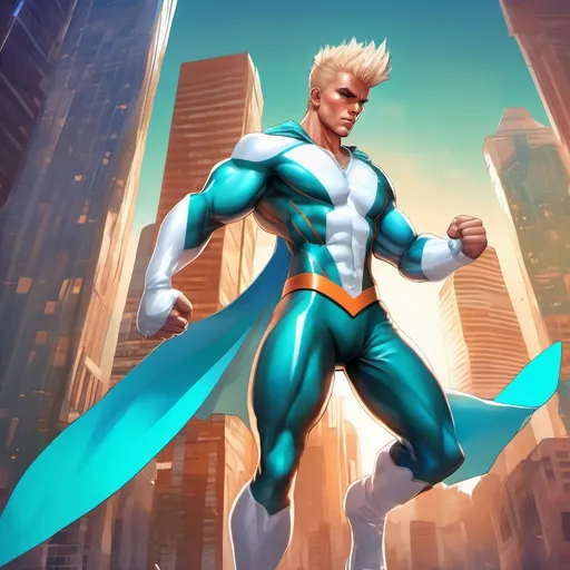 Prompt: muscular young man in superhero pose, (naturally tanned skin), striking blue eyes, brunette spiky hair with blonde highlights, wearing a contrasting white speedo and teal latex supersuit, small flowing white cape, white boots, (city skyline in the background), vibrant colors, dynamic lighting, (photorealistic), ultra-detailed, high resolution, cinematic atmosphere that conveys heroism and power. Floating, comic book art style