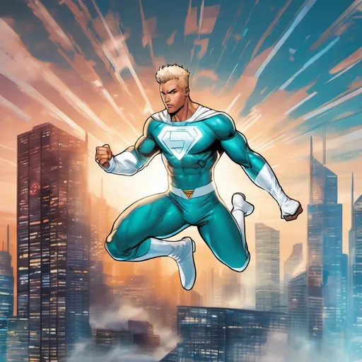 Prompt: muscular young man in superhero pose, (naturally tanned skin), striking blue eyes, brunette spiky hair with blonde highlights, wearing a contrasting white speedo and teal latex supersuit, small flowing white cape, white boots, (city skyline in the background), vibrant colors, dynamic lighting, (photorealistic), ultra-detailed, high resolution, cinematic atmosphere that conveys heroism and power. Floating, 2000s comic book art style