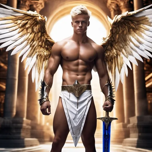 Prompt: muscular young man, naturally tanned, short brunette spiky hair with blonde highlights, blue eyes. White speedos, ancient temple background, photorealistic, gold bracelets, crystal sword, wings, white boots, angel