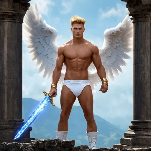 Prompt: muscular young man, naturally tanned, short brunette spiky hair with blonde highlights, blue eyes. White speedos, ancient temple background, photorealistic, gold bracelets, crystal sword, wings, white boots, angel