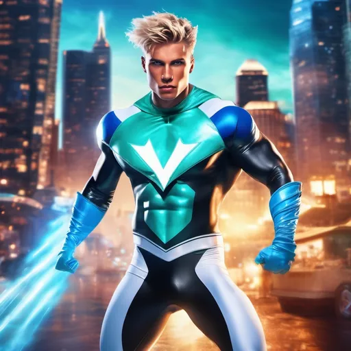 Prompt: muscular young man in superhero pose, (naturally tanned skin), striking blue eyes, brunette spiky hair with blonde highlights, wearing an 80s contrasting white speedo and teal latex bodysuit, small flowing white cape, white boots, (city skyline in the background), vibrant colors, dynamic lighting, (photorealistic), ultra-detailed, high resolution, cinematic atmosphere that conveys heroism and power. floating