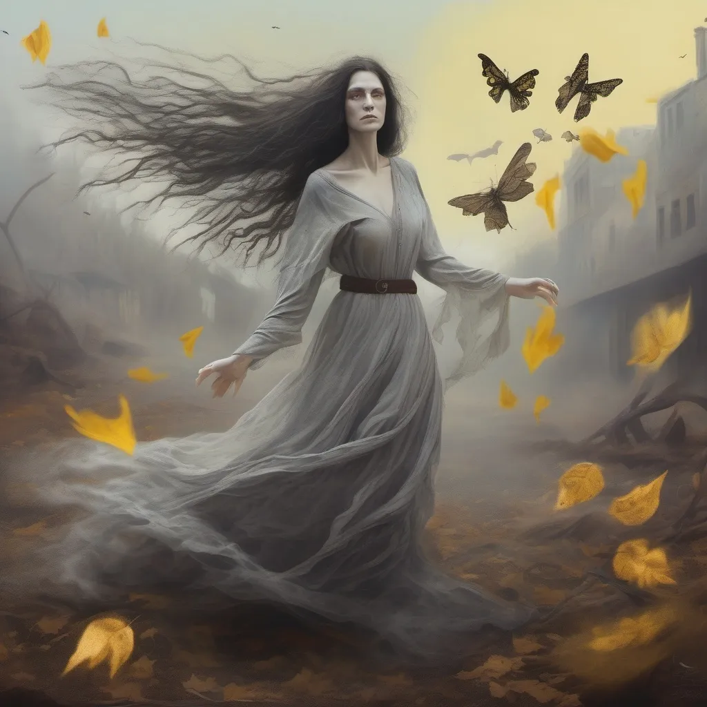 Prompt: Ghostly pale woman spirit, long frizzy grey brown hair, glowing yellow eyes, body evaporating into wind, flowing rags, body turning into dust, revenant witch, wasteland background, whirling dervishes, moths, fallen leaves