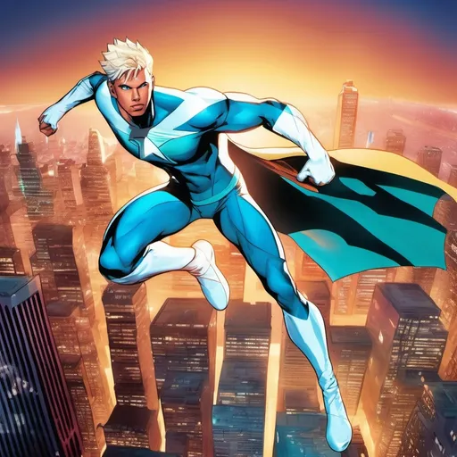 Prompt: muscular young man in superhero pose, (naturally tanned skin), striking blue eyes, brunette spiky hair with blonde highlights, wearing a contrasting white speedo and teal latex supersuit, small flowing white cape, white boots, (city skyline in the background), vibrant colors, dynamic lighting, (photorealistic), ultra-detailed, high resolution, cinematic atmosphere that conveys heroism and power. Floating, 2000s comic book art style