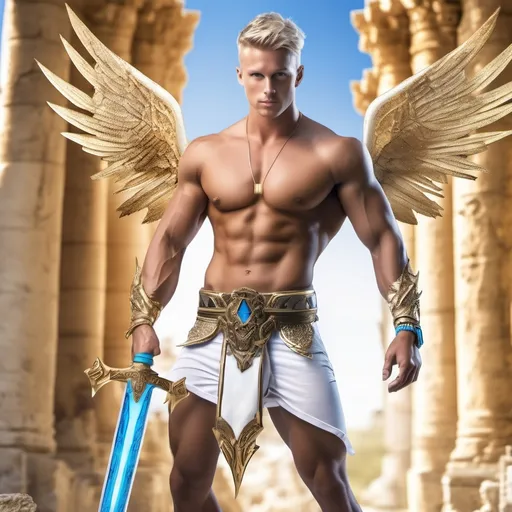 Prompt: muscular young man, naturally tanned, short brunette spiky hair with blonde highlights, blue eyes. White speedos, ancient temple background, photorealistic, gold bracelets, crystal sword, wings, white boots, angel