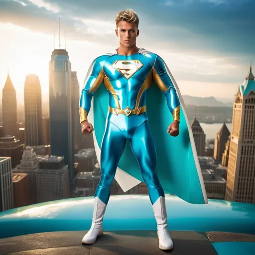 Prompt: muscular young man in superhero pose, (naturally tanned skin), striking blue eyes, brunette spiky hair with blonde highlights, wearing a contrasting white speedo and teal latex superhero suit, small flowing white cape, white boots, (city skyline in the background), vibrant colors, dynamic lighting, (photorealistic), ultra-detailed, high resolution, cinematic atmosphere that conveys heroism and power. floating