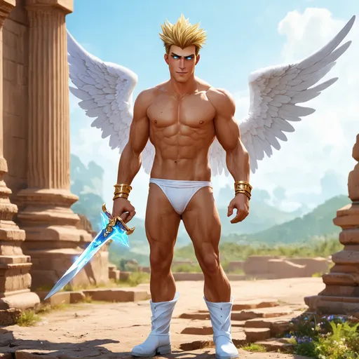 Prompt: muscular young man, naturally tanned, short brunette spiky hair with blonde highlights, blue eyes. White speedos, ancient temple background, photorealistic, gold bracelets, crystal sword, wings, white boots