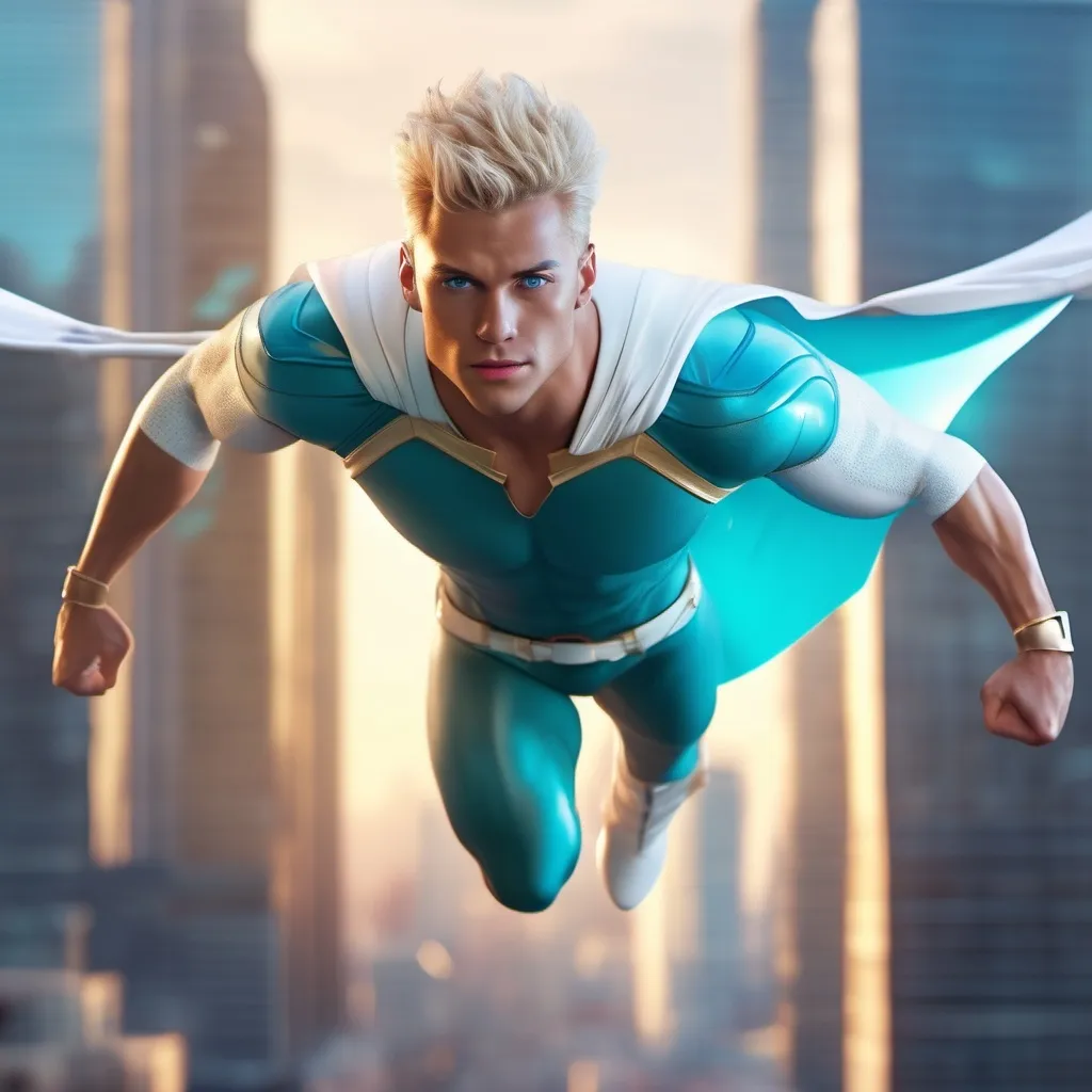 Prompt: muscular young man, naturally tanned, blue eyed, brunette spiky hair with blonde highlights. white speedo, superhero, teal latex bodysuit, small white cape, white boots, city skyline background, photorealistic, flying, 