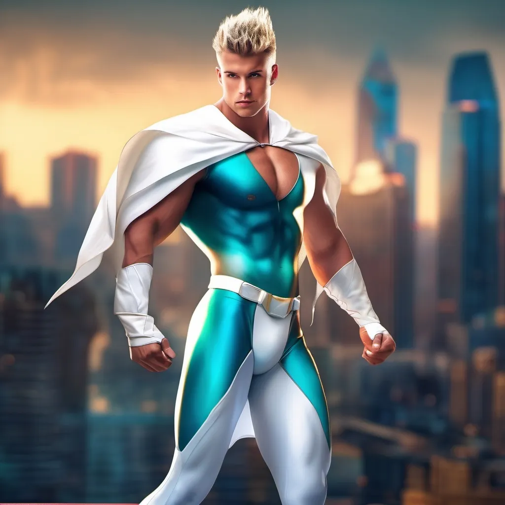 Prompt: muscular young man, naturally tanned, blue eyed, brunette spiky hair with blonde highlights. white speedo, superhero, teal latex bodysuit, small white cape, white boots, city skyline background, photorealistic, superhero pose,