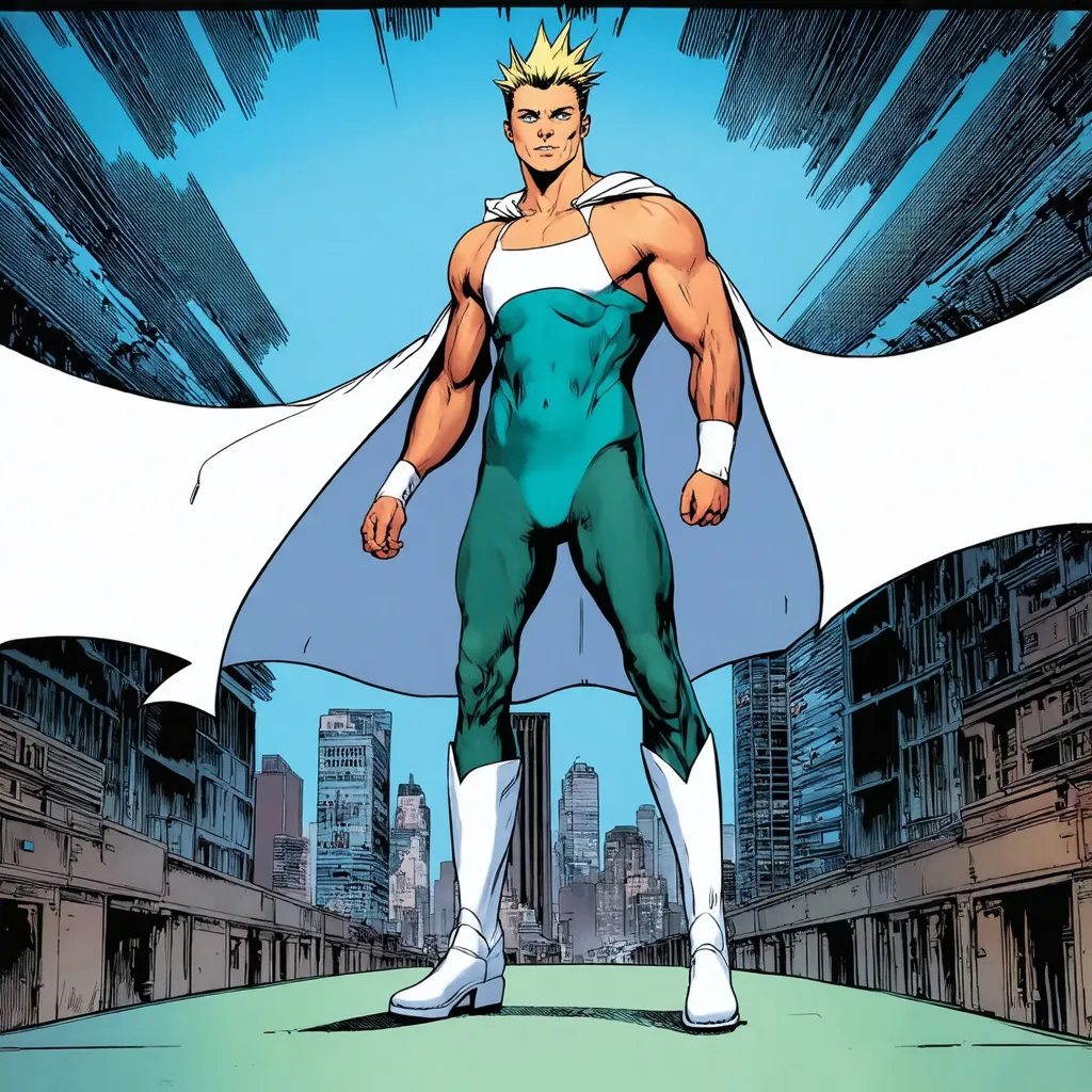 Prompt: muscular young man, naturally tanned, blue eyed, brunette spiky hair with blonde highlights. white speedo, superhero, teal latex bodysuit, small white cape, white boots, city skyline background, photorealistic, superhero pose, 2000s comic book, full cover image,