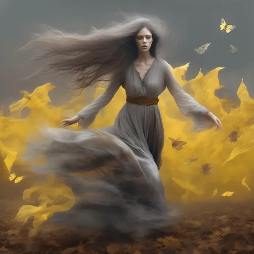 Prompt: Ghostly pale woman spirit, long frizzy grey brown hair, glowing yellow eyes, body evaporating into wind, flowing rags, body turning into dust, revenant witch, wasteland background, whirling dervishes, moths, fallen leaves