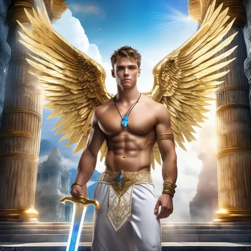 Prompt: muscular young man, naturally tanned, short brunette spiky hair with blonde highlights, blue eyes. White speedos, ancient temple background, photorealistic, gold bracelets, crystal sword, wings, white boots, angel, (glow, god rays, ethereal, dreamy, heavenly, otherworldly, dream-like, breathtaking, captivating, divine)