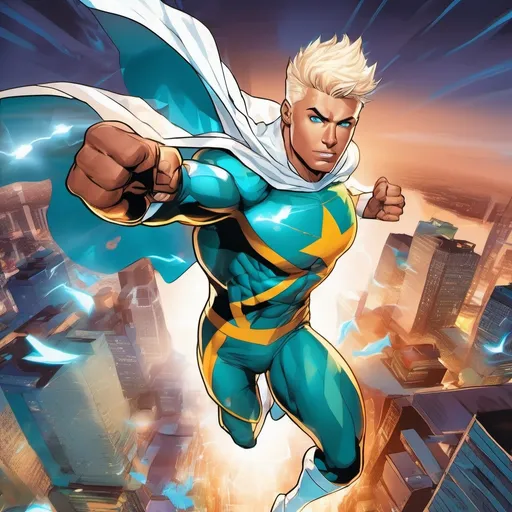 Prompt: muscular young man in superhero pose, (naturally tanned skin), striking blue eyes, brunette spiky hair with blonde highlights, wearing a contrasting white speedo and teal latex supersuit, small flowing white cape, white boots, (city skyline in the background), vibrant colors, dynamic lighting, (photorealistic), ultra-detailed, high resolution, cinematic atmosphere that conveys heroism and power. Flying, 2000s comic book art style