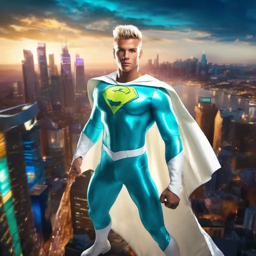 Prompt: muscular young man in superhero pose, (naturally tanned skin), striking blue eyes, brunette spiky hair with blonde highlights, wearing a contrasting white speedo and teal latex superhero suit, small flowing white cape, white boots, (city skyline in the background), vibrant colors, dynamic lighting, (photorealistic), ultra-detailed, high resolution, cinematic atmosphere that conveys heroism and power. floating