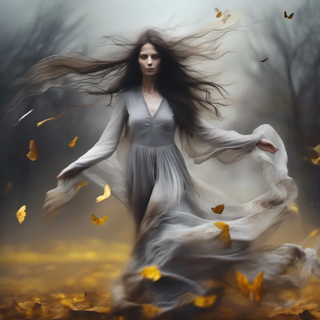 Prompt: Ghostly pale woman spirit, long frizzy grey brown hair, glowing yellow eyes, body evaporating into wind, flowing rags, body turning into dust, revenant witch, wasteland background, whirling dervishes, moths, fallen leaves