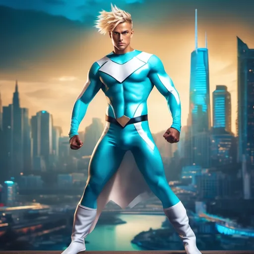 Prompt: muscular young man in superhero pose, (naturally tanned skin), striking blue eyes, brunette spiky hair with blonde highlights, wearing a contrasting white speedo and teal latex supersuit, small flowing white cape, white boots, (city skyline in the background), vibrant colors, dynamic lighting, (photorealistic), ultra-detailed, high resolution, cinematic atmosphere that conveys heroism and power.