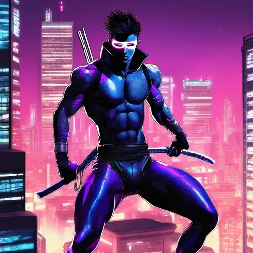 Prompt: Wraithblade, muscular young man, naturally tanned, blue eyed, black spiky hair. white speedo, vigilante, purple spandex latex suit, white boots, white gloves, katanas, night city rooftops background, photorealistic, domino eye mask, ninja, , (cyberpunk aesthetic), 80s comic book style