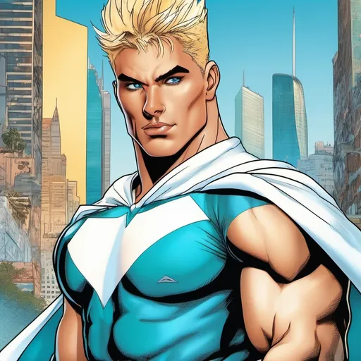 Prompt: muscular young man, naturally tanned, blue eyed, brunette spiky hair with blonde highlights. white speedo, superhero, teal latex bodysuit, small white cape, white boots, city skyline background, photorealistic, superhero pose, 90s comic book, splash panel, full cover image, (pop art style)
