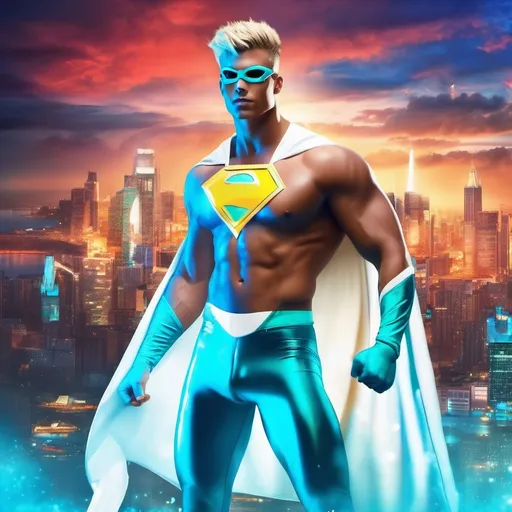 Prompt: muscular young man in superhero pose, (naturally tanned skin), striking blue eyes, brunette spiky hair with blonde highlights, wearing an 80s contrasting white speedo and teal latex bodysuit, small flowing white cape, white boots, (city skyline in the background), vibrant colors, dynamic lighting, (photorealistic), ultra-detailed, high resolution, cinematic atmosphere that conveys heroism and power. floating