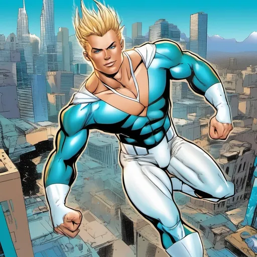 Prompt: muscular young man, naturally tanned, blue eyed, brunette spiky hair with blonde highlights. white speedo, superhero, teal latex bodysuit, small white cape, white boots, city skyline background, photorealistic, superhero pose, 2000s comic book, splash panel, full cover image, (pop art style)