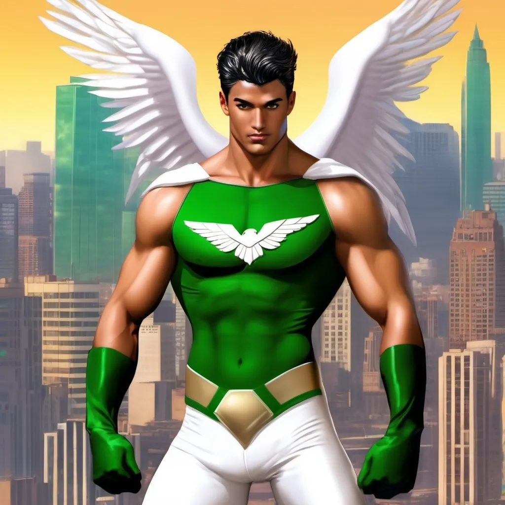 Prompt: muscular young man, naturally tanned, hazel eyed, black spiky hair. Latino, white speedo, superhero, green latex bodysuit, small white glider flaps, white boots, winged helm, golden eagle emblem, city skyline background, photorealistic, superhero pose, retro style