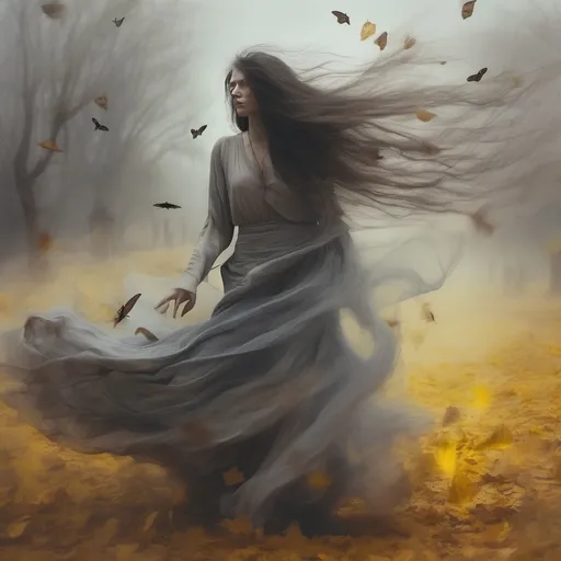 Prompt: Ghostly pale woman spirit, long frizzy grey brown hair, glowing yellow eyes, body evaporating into wind, flowing rags, body turning into dust, revenant witch, wasteland background, whirling dervishes, moths, fallen leaves