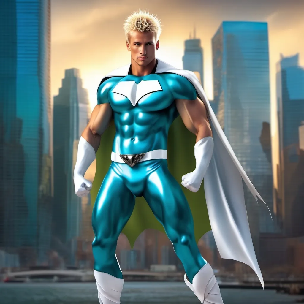 Prompt: muscular young man, naturally tanned, blue eyed, brunette spiky hair with blonde highlights. white speedo, superhero, teal latex bodysuit, small white cape, white boots, city skyline background, photorealistic, dynamic pose