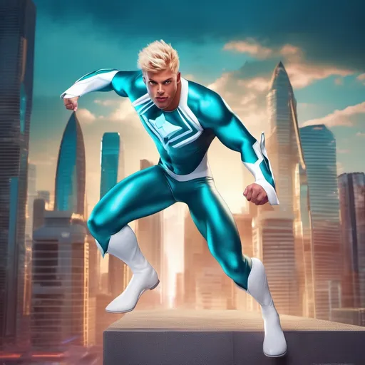 Prompt: muscular young man in superhero pose, (naturally tanned skin), striking blue eyes, brunette spiky hair with blonde highlights, wearing a contrasting white speedo and teal latex supersuit, small flowing white cape, white boots, (city skyline in the background), vibrant colors, dynamic lighting, (photorealistic), ultra-detailed, high resolution, cinematic atmosphere that conveys heroism and power. floating