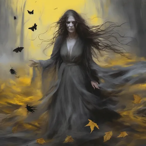 Prompt: Ghostly pale woman spirit, long frizzy grey brown hair, glowing yellow eyes, body evaporating into wind, flowing rags, body turning into dust, revenant witch, wasteland background, whirling dervishes, black witch moths, fallen leaves, eerie night.