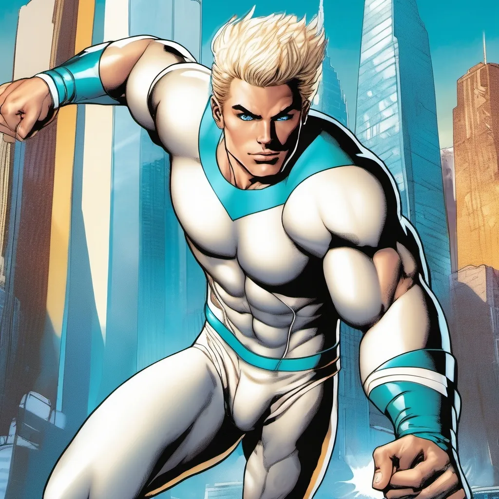 Prompt: muscular young man, naturally tanned, blue eyed, brunette spiky hair with blonde highlights. white speedo, superhero, teal latex bodysuit, small white cape, white boots, city skyline background, photorealistic, superhero pose, 80s comic book style