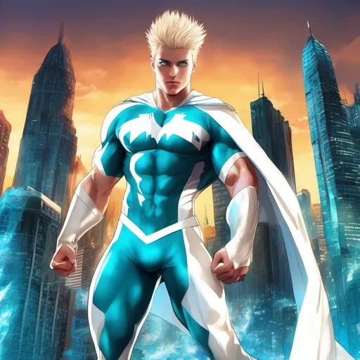 Prompt: muscular young man, naturally tanned, blue eyed, brunette spiky hair with blonde highlights. white speedo, superhero, teal latex bodysuit, small white cape, white boots, city skyline background, photorealistic, superhero pose