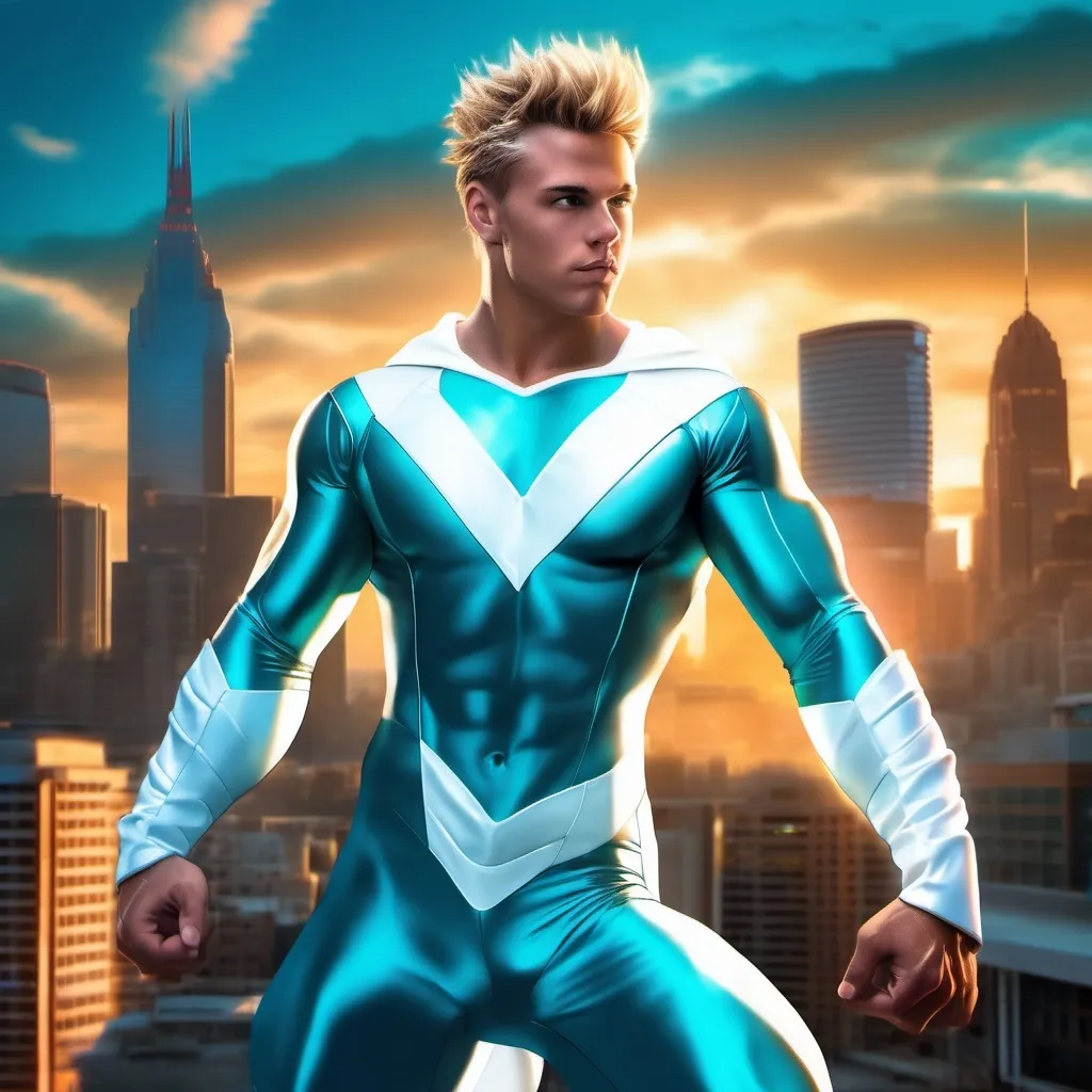 Prompt: muscular young man, naturally tanned, blue eyed, brunette spiky hair with blonde highlights. white speedo, superhero, teal latex bodysuit, small white cape, white boots, city skyline background, photorealistic, superhero pose