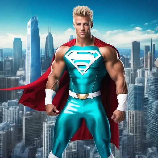 Prompt: muscular young man, naturally tanned, blue eyed, brunette spiky hair with blonde highlights. white speedo, superhero, teal latex bodysuit, small white cape, white boots, city skyline background, photorealistic, superhero pose