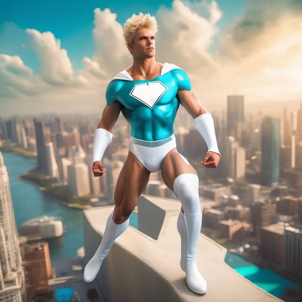 Prompt: muscular young man, naturally tanned, blue eyed, brunette spiky hair with blonde highlights. white speedo, superhero, teal latex bodysuit, small white cape, white boots, city skyline background, photorealistic, superhero pose, floating